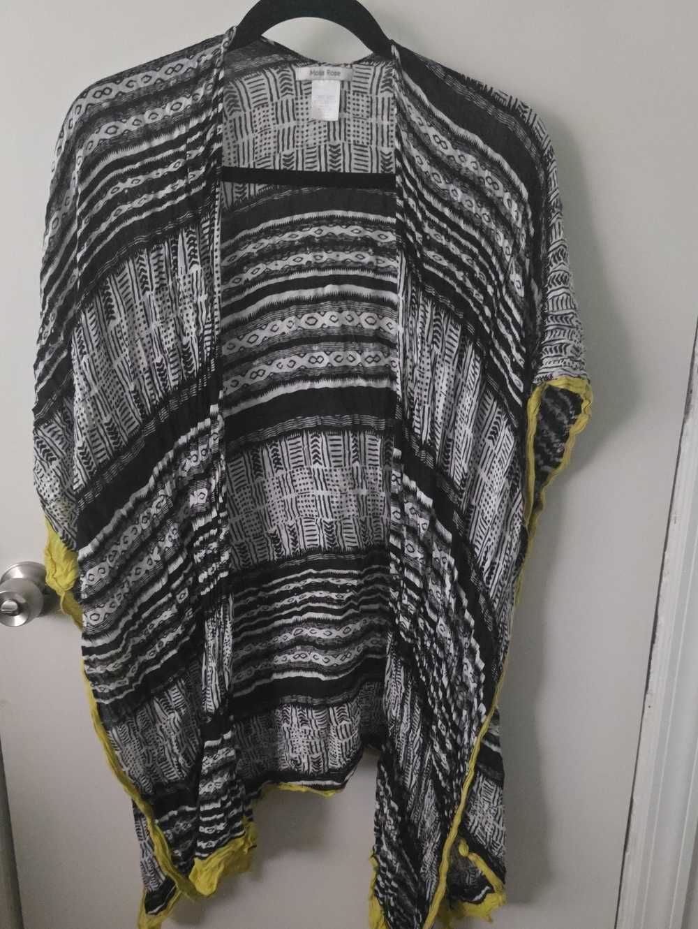 Boho Open-Front Black & White Kimono Tunic with Yellow Trim